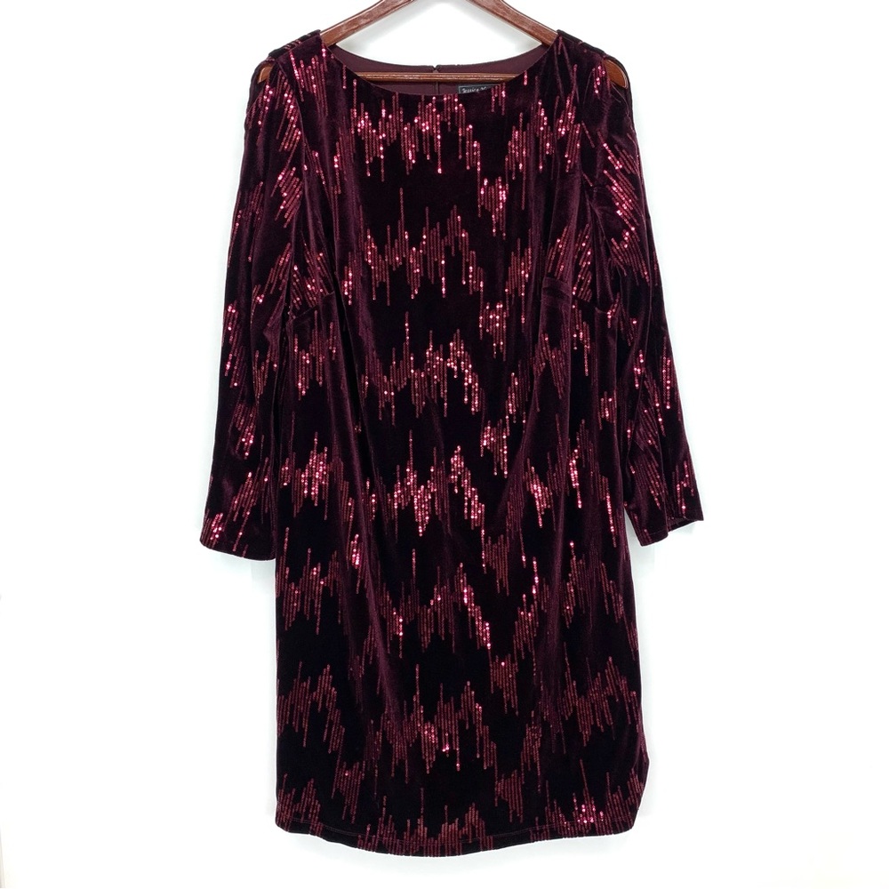 Jessica Howard Festive Burgundy Sequin Velvet Dress With Sleeves Purple Red Hues